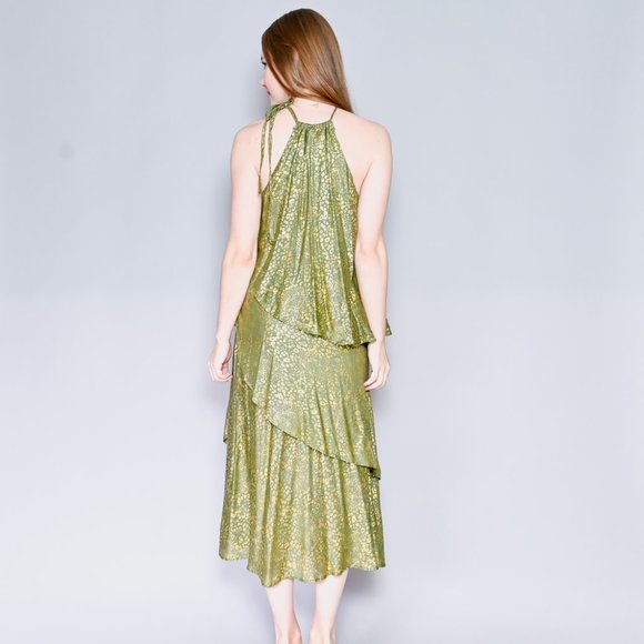 CLAIRE KANE Senegal Green & Gold Tiered Dress M EUC $338 - Picture 4 of 6
